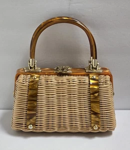 Borsa a mano vintage in vimini conchiglia tartaruga lucite made in Hong Kong - Foto 1 di 22