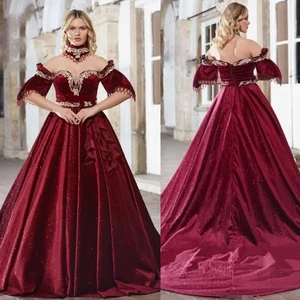 Glamorous Burgundy Arabian Moroccan Wedding Dress With Beaded Short Sleeve - Picture 1 of 5