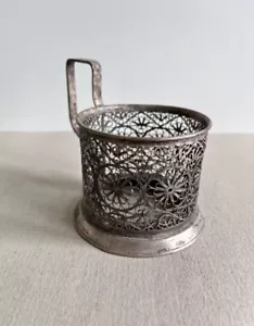 Vintage Beautiful Podstakannik Tea Holder Soviet Filigree Floral Ornament Scan - Picture 1 of 4