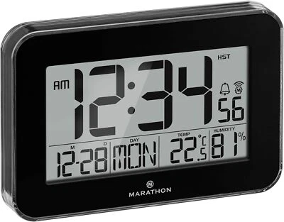 MARATHON Digitale Atom-Wanduhr Zeitumstellung mit Innentemperatur & Hygrometer - Bild 1 von 4