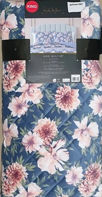 Nicole Miller Studio King Quilt & Pillow Shams Set Arlie Bloom Blue Pink Floral - Image 1 of 4