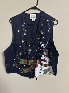 Quacker Factory Sequin Winter Christmas Snowman Vest Women's Size 1X Plus Bling - Picture 1 of 6