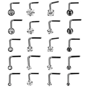 20pcs L-shaped CZ Nose Ring Studs Surgical Steel Body Piercing Jewelry 20G - Picture 1 of 22