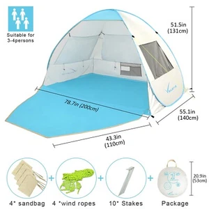 Venustas Pop Up Beach Tent 4 Person UPF50+ Sun Shelter Easy Setup Shade Camping - Picture 1 of 13