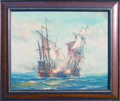 Acrylique sur toile : BATAILLE NAVALE, 2 grands voiliers en plein combat - Photo 1/4