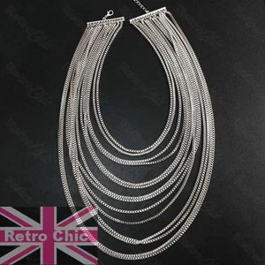 SLINKY DRAPE BIG NECKLACE statement choker LAYERED LIQUID COLLAR silver FASHION - Picture 1 of 5