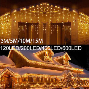 LED Eisregen Lichterkette Lichtervorhang Außen Eiszapfen 200/400/600 LEDs garten