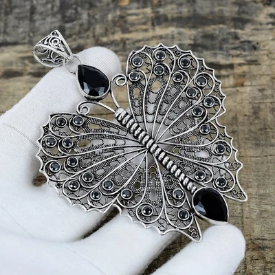 Nera Naturale Spinello Gemma Ciondolo Artigianale 925 Argento Sterling Gioielli - Immagine 1 di 4