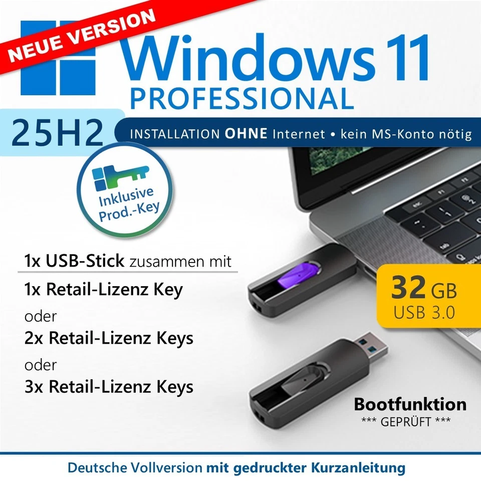 Windows 11 Professional 25H2 | bootfähiger USB-Stick + 1-2-3 Retail-Product-Key - Bild 1 von 1