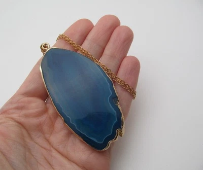 Винтажный большой смелый синий агат натуральный камень розовое золото тон овальная цепочка ожерелье - Изображение 1 из 4