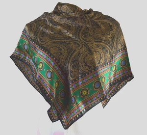 Vtg ECHO SILK Scarf 34" Square Rolled NWT Neiman Marcus GOLD/GREEN Geometric - Picture 1 of 6