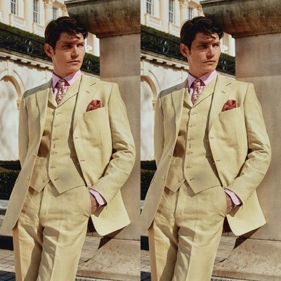 Trajes de lino para hombre 3 piezas chaqueta vintage de los años 1890 amarilla formal fiesta pantalones con puños Foto 1 de 4