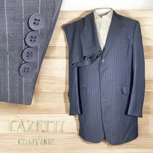 Lazetti Couture 2 Piece Suit Mens 42XL 34x30 Blue Striped Wool Double Vented - Picture 1 of 16
