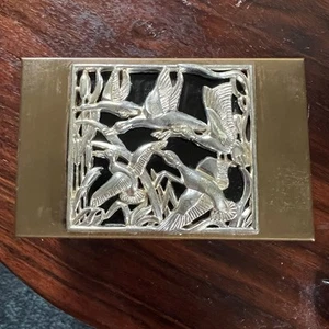 Vintage Brass Metal Three Tiered Lined Sewing Jewelry Box With Duck Scene - Picture 1 of 13