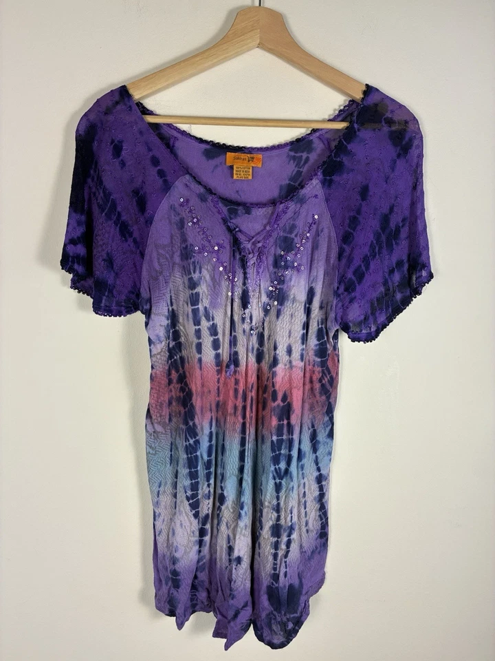 Blusa Sakkas Top Mujer XL Top Púrpura Boho Tie Dye Lentejuelas Hada Fluida Foto 1 de 4