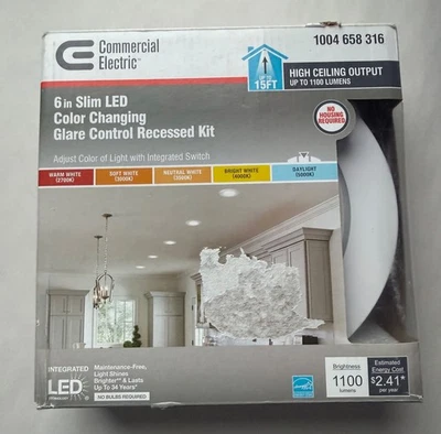 Commercial Electric 6" Slim LED Recessed Kit Color Changing Glare Control - Image 1 of 2