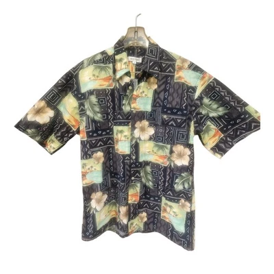 PIERRE CARDIN Hawaiian Shirt Size M Hibiscus Palm Leaves Black  Button front  - Image 1 of 4
