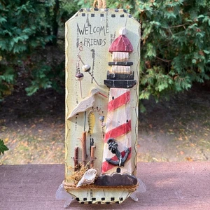 Driftwood Lighthouse Ocean Plaque Welcome Friends 13.25" H Ready To Hang - Picture 1 of 4