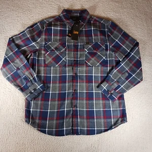Lee Mens Flannel Large Work Wear Blue Long Sleeve Pocketed Loose Fit Over Shirt - Picture 1 of 22