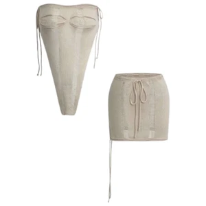 Micas Womens Distressed Ladder Knit Tube Top and Tie Front Mini Skirt Set Small - Picture 1 of 10