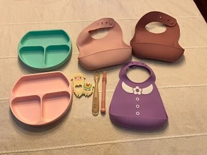 Baby Feeding And Teething Silicone Set- 3 Bibs, 1 Spoon, 2 Teethers, 2 Plates - Picture 1 of 5