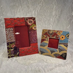 Vintage Beads & Embroidery Colorful Picture Frames Lot of 2 Made in India - Picture 1 of 10