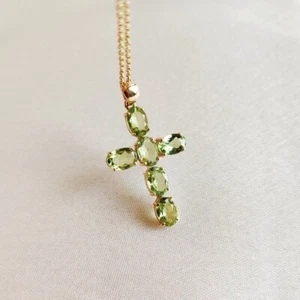 Peridot Cross Pendant, Gold Plated Silver Pendant, Holy Cross Birthstone Pendant - Picture 1 of 8