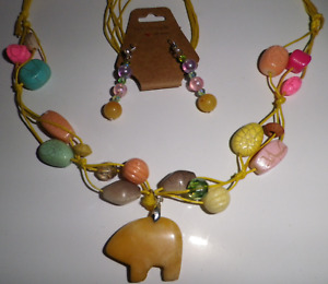 Zuni Bear Necklace Earrings Set Handmade USA Acrylic And Gemstone 3pc Set Spring