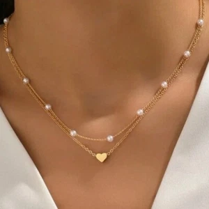 Damen Halskette Modeschmuck Gold Perlen Herz Zweiteiliges Set - Bild 1 von 4