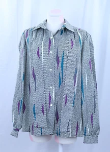 VTG Jerrie Lurie Collectibles Button Up Blouse Shirt Top Black White 80s USA 20 - Picture 1 of 11