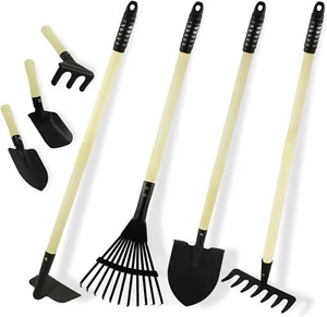 7PCS Kids Gardening Tools, Long Shovel, Rake for Leaves, Spade, Hoe, Black - Picture 1 of 7