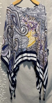 Lightweight Stripe Floral Poncho Beaded Tassels One Size Multicolor Beach Resort - Image 1 of 4