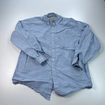LL Bean Button Down Shirt Mens Medium Blue Plaid Seersucker Cotton Knit - Image 1 of 4