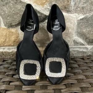 As New - size 34-Roger Vivier/Black Silk /Crystal buckle Flats-leather Lining - Picture 1 of 8