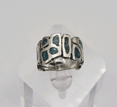 Sterling Silber Vintage Indianer Türkis Mosaik Brutalist Ring Größe 5 - Bild 1 von 4