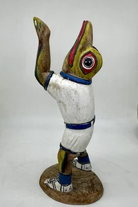 Seltener Baseball Frosch Holzschnitzerei Vintage Folkart Indonesisch Handbemalt - Bild 1 von 11