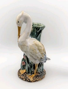 Seltene Keramik MAJOLICA Kunstkeramik Storch Kranich in Binsen Vase 9" - Bild 1 von 6