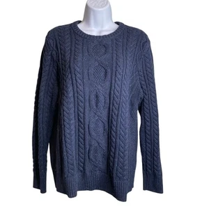 LL Bean Women’s Navy Blue Cable Knit Fisherman Sweater Size L Heritage Chunky - Picture 1 of 11