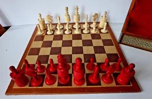 Antique Early BONE Barleycorn style Red, White CHESS SET - Picture 1 of 20