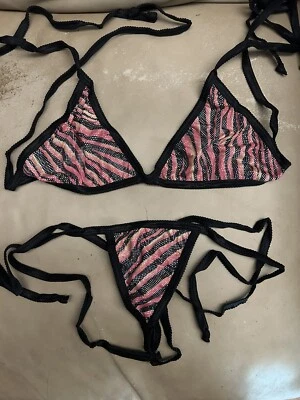 Nuevo sin etiquetas Sexy Escasa Hecha a Mano Triángulo Estampado Cebra Top Tanga Parte Inferior Bikini Foto 1 de 4