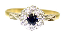 Vintage Saphir & Diamant Cluster 18ct Gelb Gold Ring Größe R ~ 8 3/4