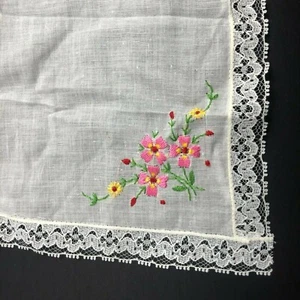 HÜBSCHES Vintage Damen Taschentuch zierlich bestickt Spitze Blume rosa gelb - Bild 1 von 12