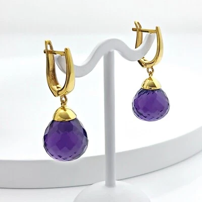 925 Sterling Silver Purple Amethyst Gemstone Teardrop Earrings February Stone - Image 1 of 4