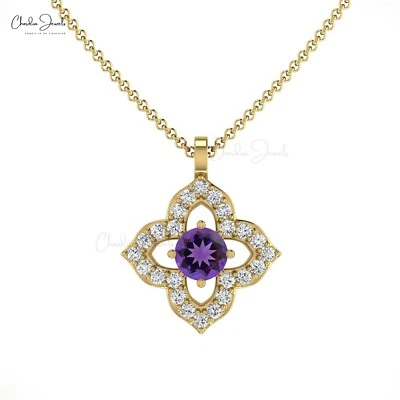 14k Gold Floral Pendant With 3mm Round Amethyst & Diamond Fine Jewelry For Women - Image 1 of 4