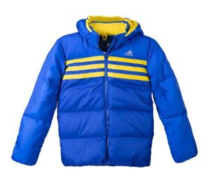 Adidas Kinder Daunenjacke Winter Jacke mit abnehmbarer Kapuze blau/gelb 104-128