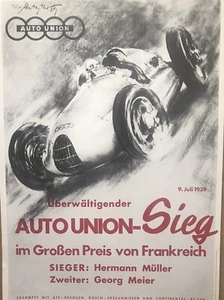 Auto Union-Sieg 1939 Licensed Reprint. 1988. Extremely Rare 1 Only! Car Poster! - Picture 1 of 3