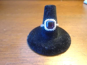 STERLING SILVER SQUARE GARNET GEMSTONE RING SURROUNDED BY TINY CZ SIZE 6.75 - Picture 1 of 4