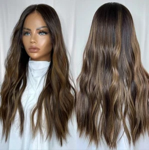 Natürliche coole brünette Balayage Perücke dunkelbraun 13x4 Lace Front Echthaarperücke - Bild 1 von 8