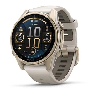 Garmin Fenix 8 AMOLED 43mm Sapphire Soft gold with fog gray/dark sandstone band - Picture 1 of 12