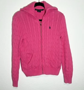 RALPH LAUREN Sport Sweater Womens Large PINK Cable Knit Full Zip Hoodie Pocket - Picture 1 of 8